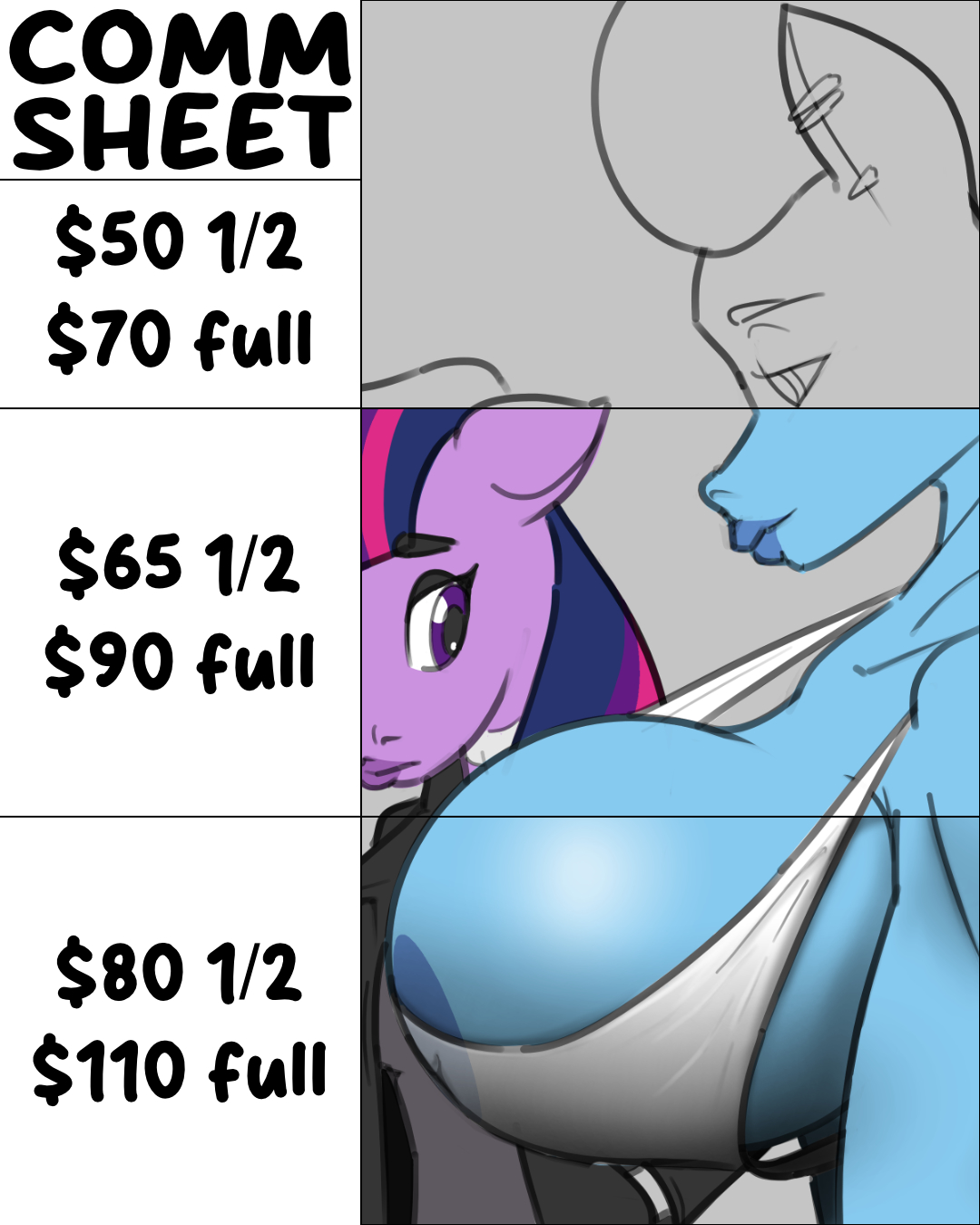 COMM SHEET
Sketch (BW) = $50 halfbody, $70 full body
Sketch (Color) = $65 halfbody, $90 full body
Sketch (Shaded) = $80 half body, $110 full body